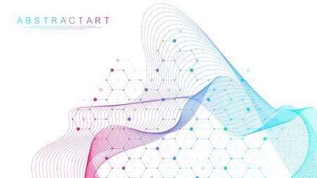 Abstract medical background DNA research, molecule, genetics, genome, DNA chain. Genetic analysis art concept with hexagons, waves, lines, dots. Biotechnology network concept molecule, vector.のイラスト素材