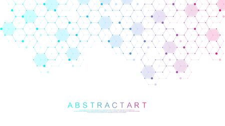Abstract medical background DNA research, molecule, genetics, genome, DNA chain. Genetic analysis art concept with hexagons, waves, lines, dots. Biotechnology network concept molecule, vector.のイラスト素材