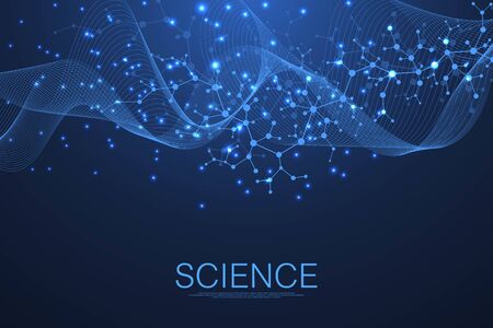 Molecular structure background. Science template wallpaper or banner with a DNA molecules. Asbtract scientific molecule background. Wave flow, innovation pattern. Vector illustrationのイラスト素材