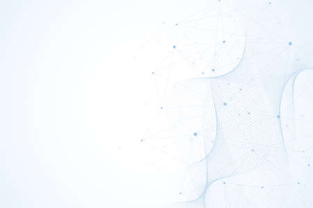 Scientific molecule background with flow waves for medicine, science, technology, chemistry. Wallpaper or banner with a DNA molecules. Geometric dynamic linear waves illustration.の写真素材