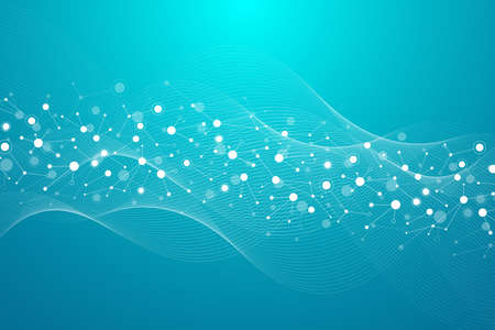 Scientific molecule background for medicine, science, technology, chemistry. Waves flow. Wallpaper or banner with a DNA molecules, geometric dynamic illustrationの写真素材