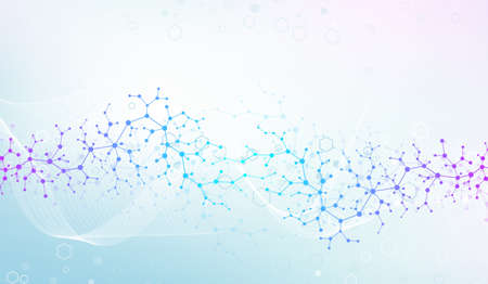 Molecular structure background. Science template wallpaper or banner with a DNA molecules. Asbtract scientific molecule background. Wave flow, innovation pattern. Vector illustration.のイラスト素材