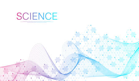Medical health care banner template design. Background with green hexagons. Molecular structures, innovation pattern, genetic research. Medical concept. Scientific vector illustration.のイラスト素材
