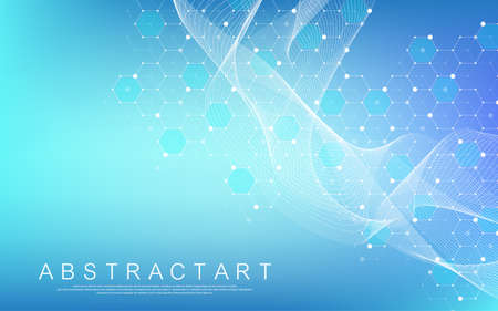 Medical health care banner template design. Background with green hexagons. Molecular structures, innovation pattern, genetic research. Medical concept. Scientific vector illustration.のイラスト素材