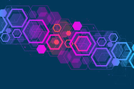 Abstract medical background DNA research, molecule, genetics, genome, DNA chain. Genetic analysis art concept with hexagons, lines, dots. Biotechnology network concept molecule, illustrationの写真素材