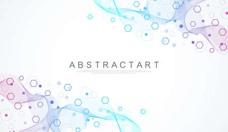 Molecular structure background. Science template wallpaper or banner with a DNA molecules. Asbtract scientific molecule background. Wave flow, innovation pattern. Vector illustration.のイラスト素材
