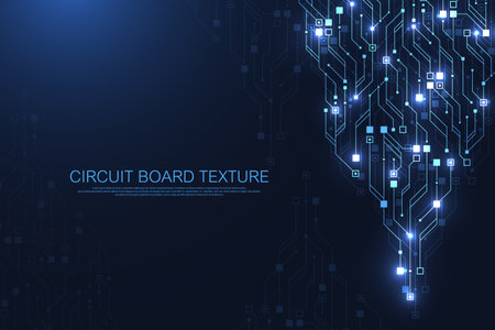 Circuit board design background. Abstract communication circuit board technology background with hi-tech digital data connection system. Abstract computer electronic background. Vector illustration.のイラスト素材
