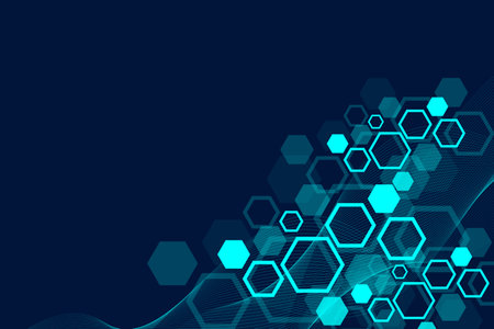 Scientific molecule background with flow waves for medicine, science, technology, chemistry. Wallpaper or banner with a DNA molecules. Geometric dynamic linear waves illustration.の写真素材