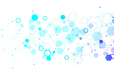 Abstract medical background DNA research, molecule, genetics, genome, DNA chain. Genetic analysis art concept with hexagons, lines, dots. Biotechnology network concept molecule, illustration.の写真素材