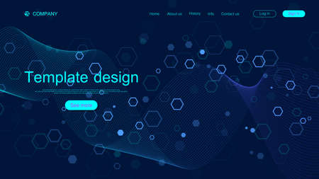 Landing page design template for science, medicine, technologies, business, education with hexagons and colorful dynamic waves. Modern landing page design for websites or app vectorのイラスト素材