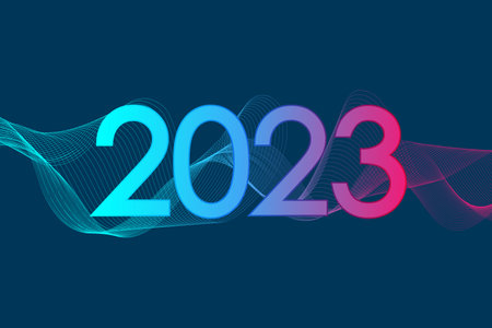 Modern futuristic technology template for Merry Christmas and Happy New Year 2023 with connected...