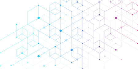 Modern technology vector illustration with square grid. Technology banner template cubes texture. Digital geometric abstraction with lines and dotsのイラスト素材