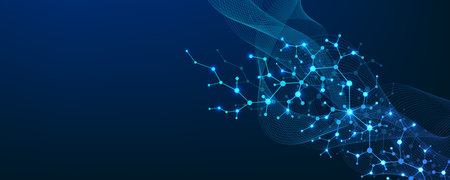Molecular structure background. Science template wallpaper or banner with a DNA molecules. Asbtract molecule background with hexagons, wave flow, illustration.の写真素材