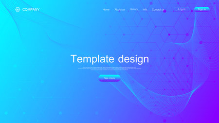Landing page tech background with colorful dynamic waves and hexagonal boxes. Geometric abstract background with lines and dots, cube cell. Website template design. Vector illustration.のイラスト素材