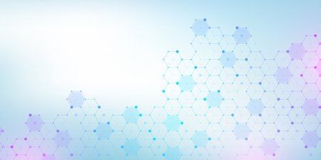 Molecular structure background. Science template wallpaper or banner with a DNA molecules. Asbtract molecule background with hexagons, wave flow, illustration.の写真素材