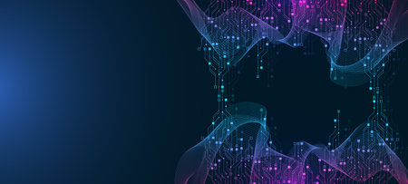Quantum computer technologies concept. Futuristic blue circuit board background vector. Modern technology circuit board texture background design. Waves flow. Quantum explosion technology.のイラスト素材