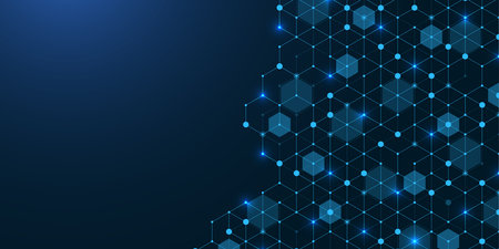 Modern technology illustration with square grid. Technology banner template cubes texture. Digital geometric abstraction with lines and dotsの写真素材