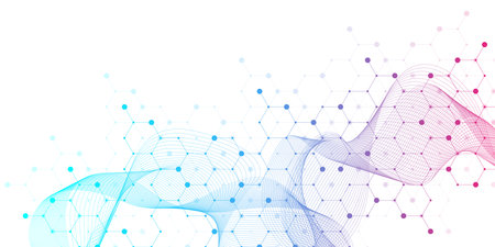Modern technology illustration with square grid. Technology banner template cubes texture. Digital geometric abstraction with lines and dotsの写真素材