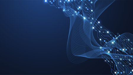 Quantum technologies concept. Deep learning artificial intelligence. Circuit board texture background design. Big data algorithms visualization. Neural networks illustration.の写真素材