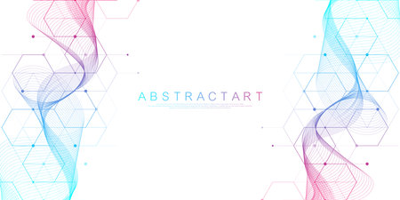Modern Health care or medical background design. Health care innovation concept. Horizontal header web banner. Abstract geometric background with hexagon shapes for medicine, science, chemistry.のイラスト素材