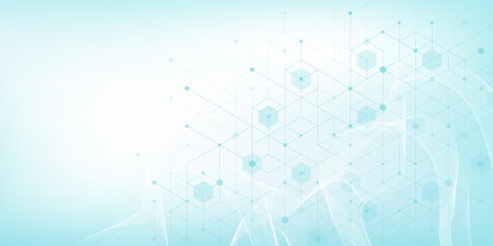 Modern Health care or medical background design. Health care innovation concept. Horizontal header web banner. Abstract geometric background with hexagon shapes for medicine, science, chemistry.のイラスト素材