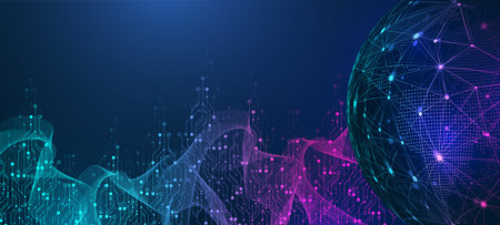 Quantum computer technologies concept. Futuristic blue circuit board background vector. Modern technology circuit board texture background design. Waves flow. Quantum explosion technology.のイラスト素材