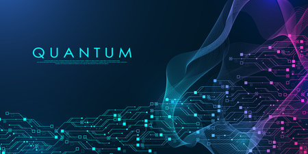 Quantum computer technologies concept. Futuristic blue circuit board background vector. Modern technology circuit board texture background design. Waves flow. Quantum explosion technology.のイラスト素材