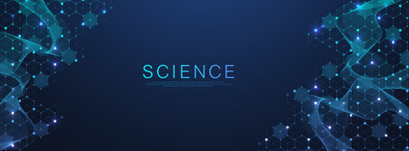Modern health care or medical background design. Health care innovation concept. Horizontal header web banner. Abstract geometric background with hexagon shapes for medicine, science, chemistry.のイラスト素材