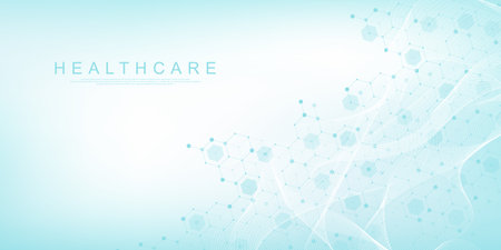 Modern health care or medical background design. Health care innovation concept. Horizontal header web banner. Abstract geometric background with hexagon shapes for medicine, science, chemistry.のイラスト素材