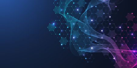 Molecular structure background. Science template wallpaper or banner with a DNA molecules. Abstract molecule background with hexagons, wave flow, illustration.の写真素材