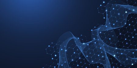 Modern technology illustration with square grid. Technology banner template cubes texture. Digital geometric abstraction with lines and dotsの写真素材