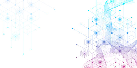 Modern health care or medical background design. Health care innovation concept. Horizontal header web banner. Abstract geometric background with hexagon shapes for medicine, science, chemistry.のイラスト素材
