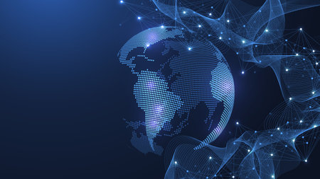 Global network connection illustration. World map point and line composition concept of global business. Global internet technology. Big data visualization illustrationの写真素材