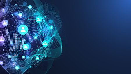 Global network connection concept. Big data visualization. Social network communication in the global computer networks. Internet technology. Business. Science. Vector illustrationのイラスト素材