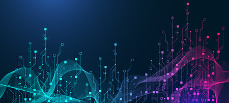Artificial Intelligence or machine learning vector design. Quantum computer technology concept with circuit board and motherboard texture background design. Waves flow quantum explosionのイラスト素材