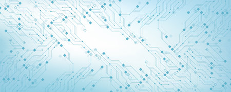 Artificial Intelligence or machine learning vector design. Quantum computer technology concept with circuit board and motherboard texture background design. Waves flow quantum explosionのイラスト素材