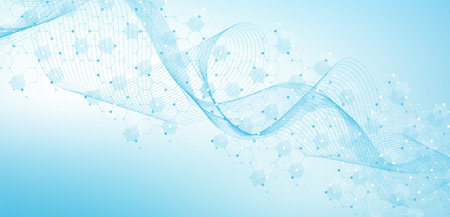 Modern health care or medical background design. Health care innovation concept. Horizontal header web banner. Abstract geometric background with hexagon shapes for medicine, science, chemistry.のイラスト素材