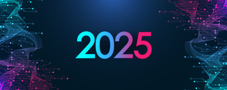 Digital technology abstract poster template 2025 with circuit board texture. Tech digital banner or...