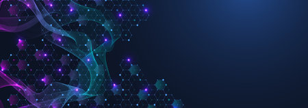 Health care or medical background design. Health care innovation concept. Horizontal header web banner. Abstract geometric background with hexagon shapes for medicine, science, chemistry, illustrationの写真素材