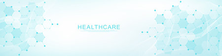 Modern health care or medical background design. Health care innovation concept. Horizontal header web banner. Abstract geometric background with hexagon shapes for medicine, science, chemistry.のイラスト素材
