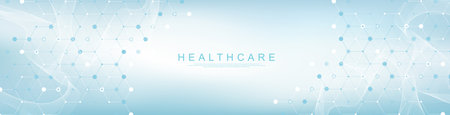Modern health care or medical background design. Health care innovation concept. Horizontal header web banner. Abstract geometric background with hexagon shapes for medicine, science, chemistry.のイラスト素材