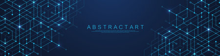 Technology abstract background with cubes, lines, dots and hexagons. Hexagonal digital concept for poster, banner, header, footer, presentation, Innovation pattern. Vector illustration.のイラスト素材