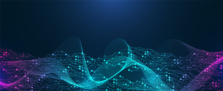 Artificial Intelligence or machine learning vector design. Quantum computer technology concept with circuit board and motherboard texture background design. Waves flow quantum explosionのイラスト素材
