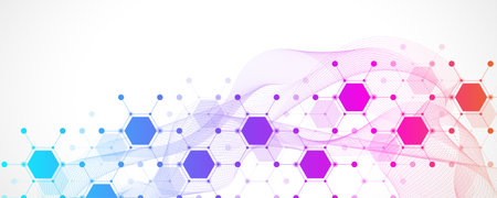 Molecular abstract structure and genetic engineering DNA. Healthcare and medicine background concept. Scientific research background. Wave flow. Innovation pattern. Vector illustration.のイラスト素材