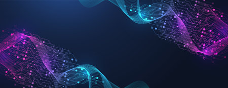 Modern technology circuit board texture background design. Quantum computer technologies concepts, large data processing. Futuristic blue circuit board background. Minimal vector motherboardのイラスト素材
