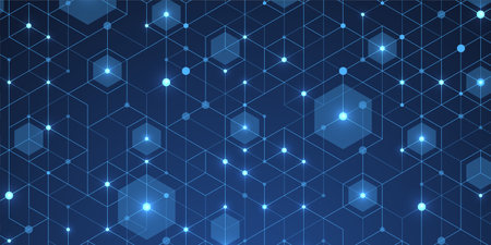 Abstract digital blockchain cube blocks concept. 3D big data cubes quantum computer technology idea. Artificial intelligence data core cubes design elementのイラスト素材