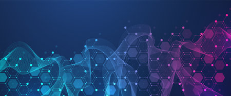 Molecular abstract structure and genetic engineering DNA. Healthcare and medicine background concept. Scientific research background. Wave flow. Innovation pattern. Vector illustration.のイラスト素材