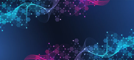 Molecular abstract structure and genetic engineering DNA. Healthcare and medicine background concept. Scientific research background. Wave flow. Innovation pattern. Vector illustration.のイラスト素材