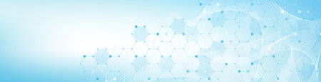 Modern health care or medical background design. Health care innovation concept. Horizontal header web banner. Abstract geometric background with hexagon shapes for medicine, science, chemistry.の写真素材