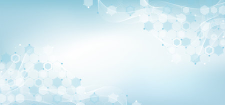 Modern health care or medical background design. Health care innovation concept. Horizontal header web banner. Abstract geometric background with hexagon shapes for medicine, science, chemistry.の写真素材